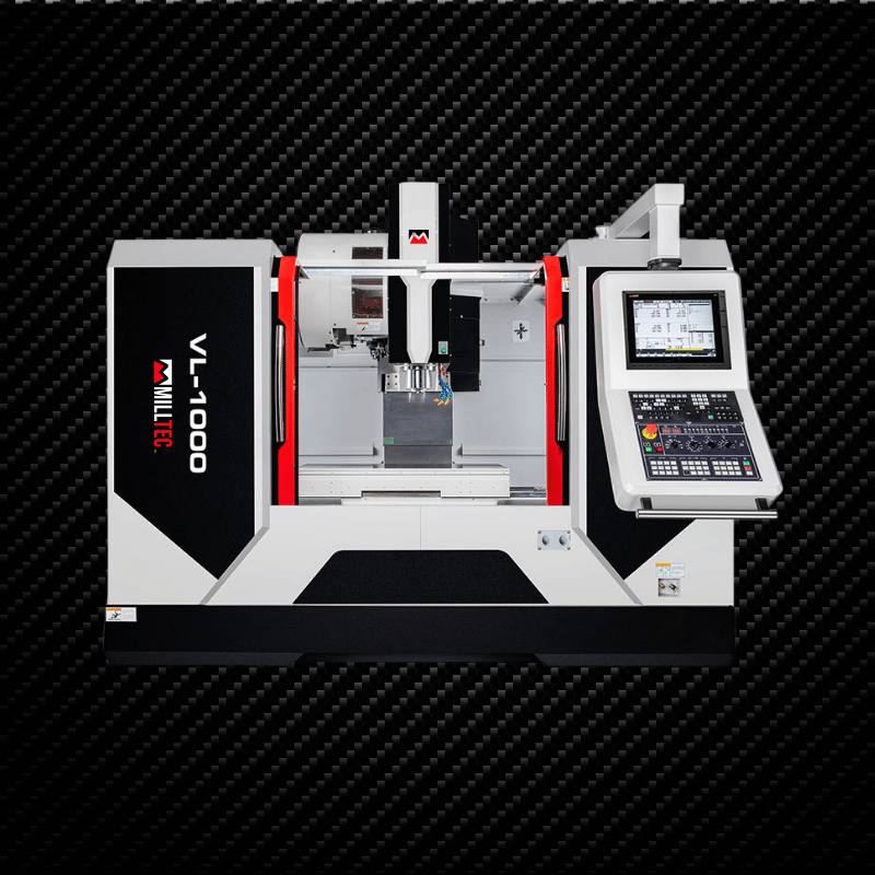 CNC milling machine, white with red accents, with a control panel and screen.