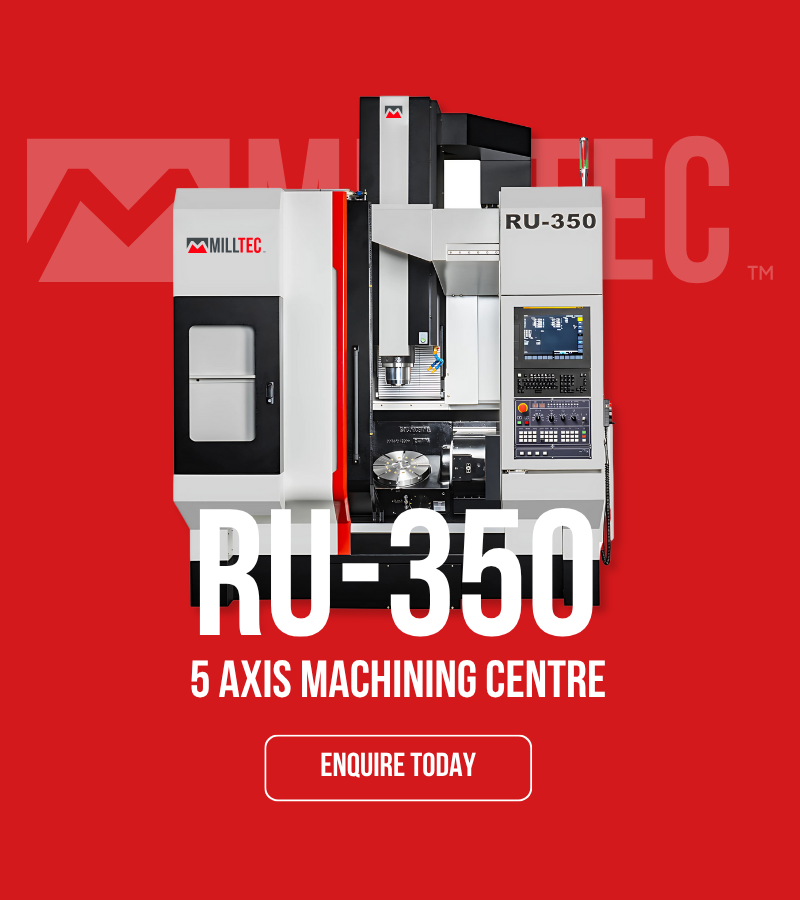 An advertisement for a machine called the ru-350 5 axis machining centre