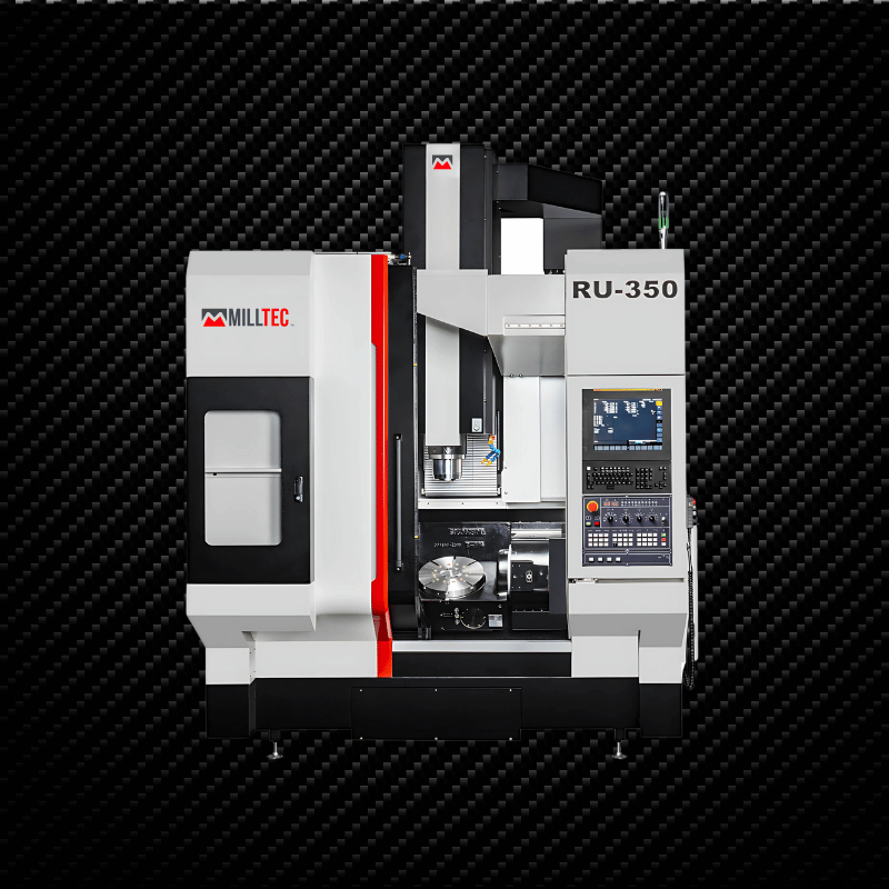 CNC machine (RU-350) in white, red, and black, with control panel, and workspace. Black background.