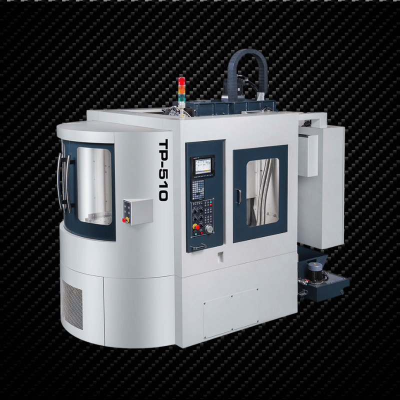 A white and blue TP-510 CNC machine with a red light on top.