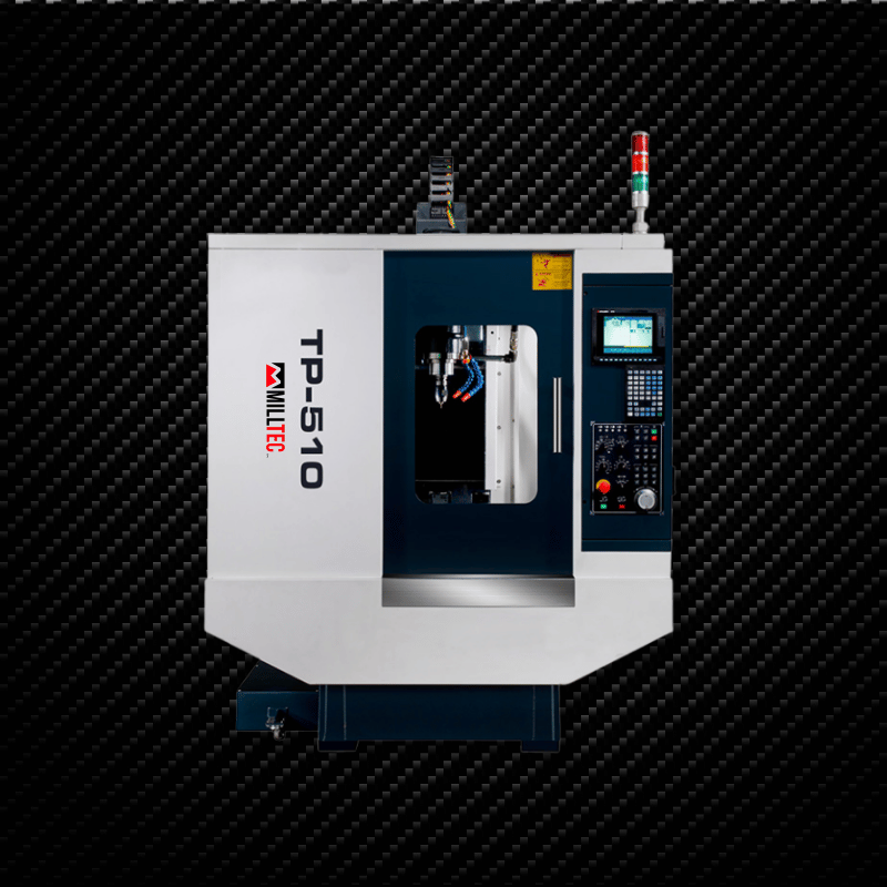 White and blue TP-510 CNC milling machine. Display screen and controls on the right. Safety lights on top.