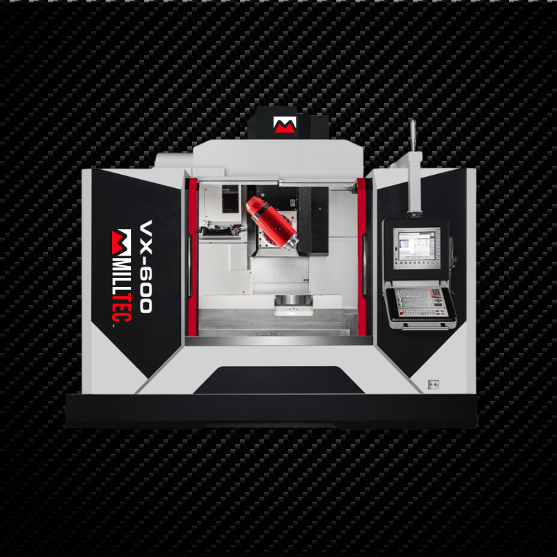 A white and black Milltec VX-600 CNC machine with red accents, open doors, and a red spindle in a workshop setting.