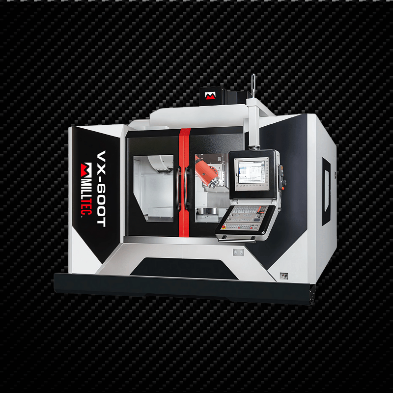 A white and black Milltec VX-600T milling machine, with red accents, against a black background.