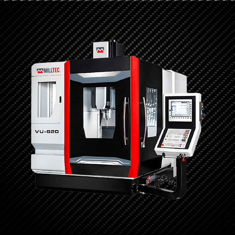 A red and white Milltec VU-550 CNC machining center on a black background.
