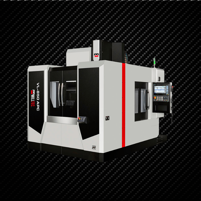 A white and black CNC machine with red accents, used in manufacturing.