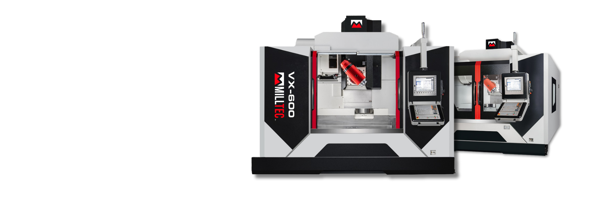 Two CNC machines are sitting next to each other on a red background. With text to the left: VX-600 5 Axis Machining Centre - Click to explore. 