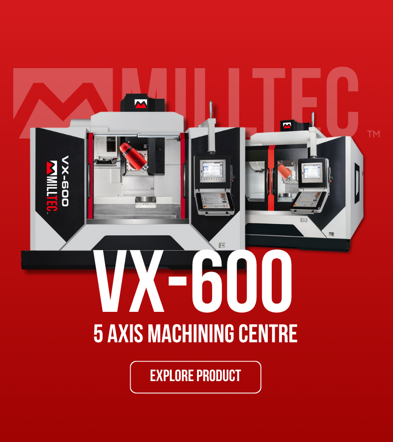 A vx-600 5 axis machining centre is shown on a red background