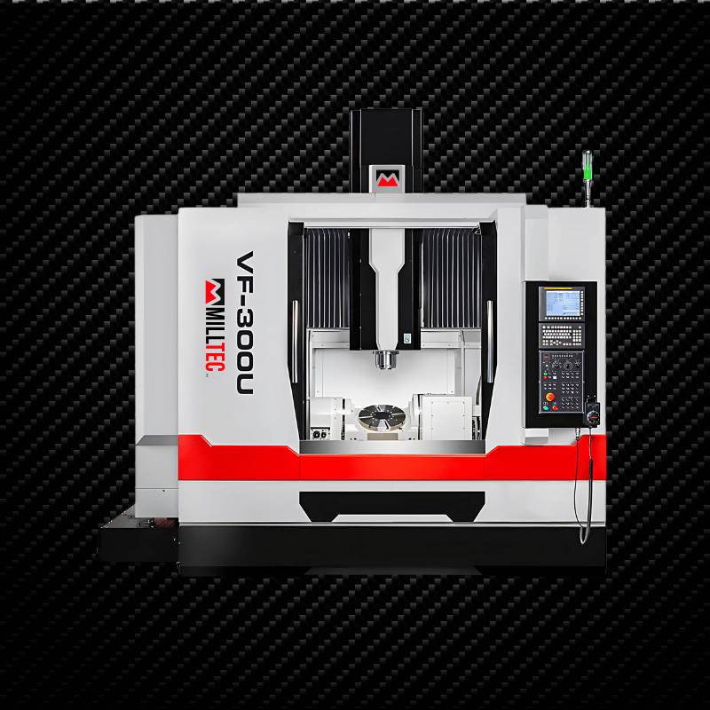 White and red Miltec VF-300U CNC milling machine on a black background.