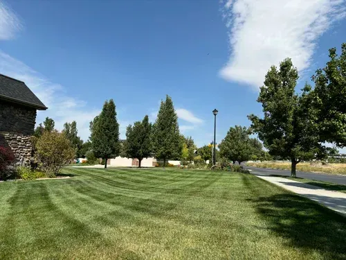 Lush green lawn with striped mowing pattern, trees, a stone building, and a bright blue sky with clouds.