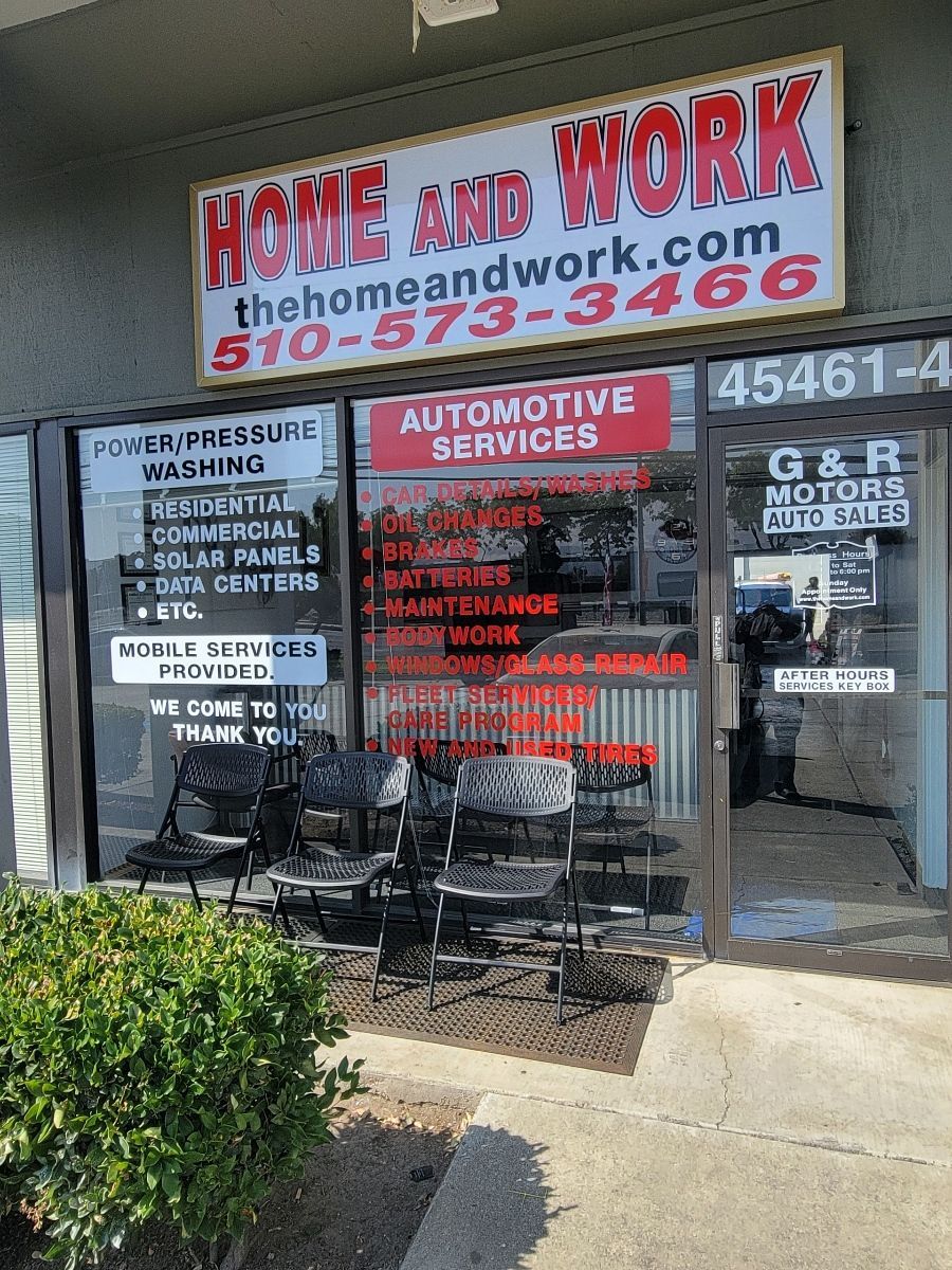A store front with a sign that says home and work