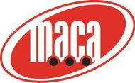 A red and white maca logo on a white background