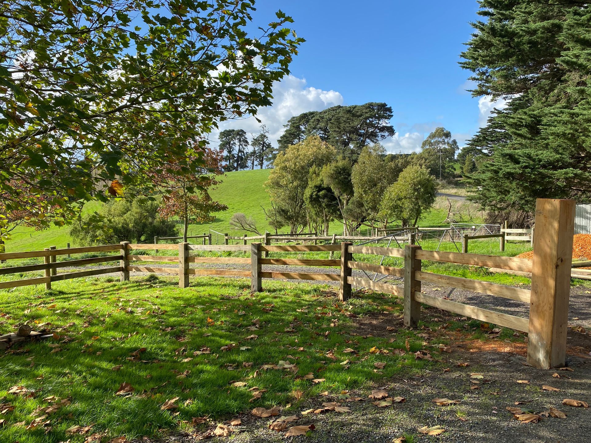 A wooden fence surrounds a grassy field with trees in the background.