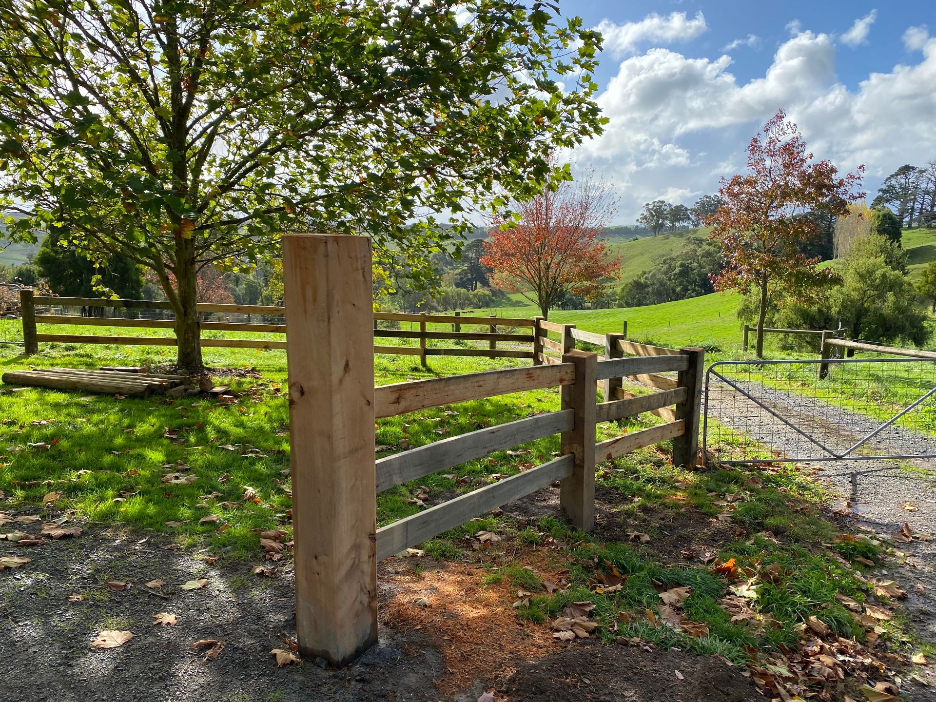 A wooden fence surrounds a grassy field with trees in the background.