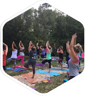 a group of women are doing yoga in a park .