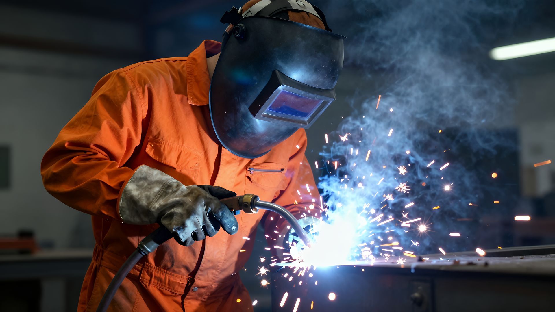 A steel fabricator welding metal with sparks in a workshop, wearing protective gear.