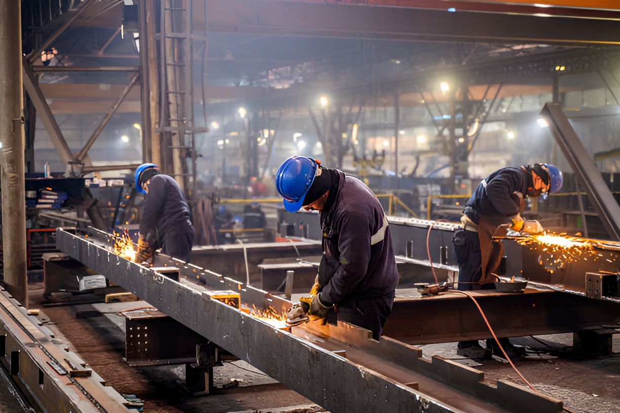Picture of three metalworkers using a grinder
