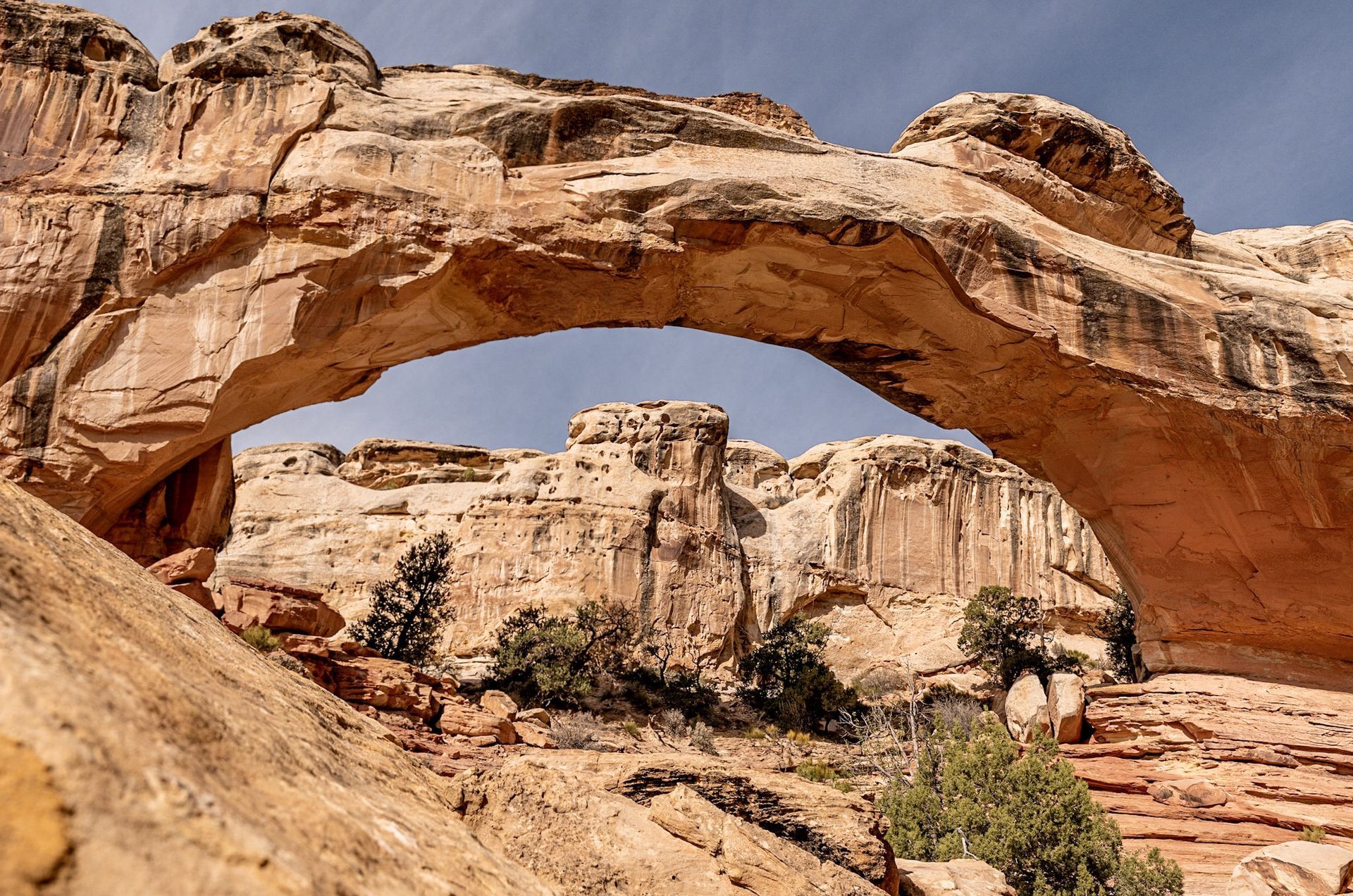 a large rock arch in the middle of a desert landscape .