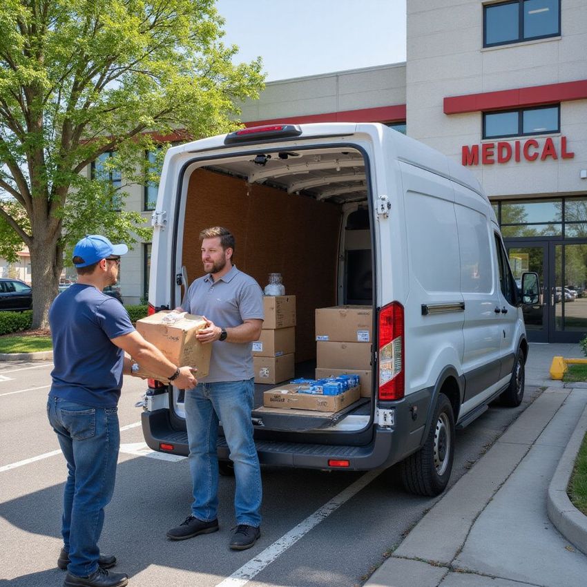 Two men unloading boxes from a white van outside a building marked 