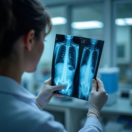 Doctor examining two X-ray images of a human torso, wearing gloves, in a medical setting.