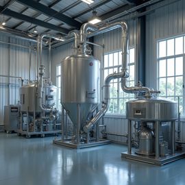 Stainless steel industrial brewing equipment in a bright, modern facility.