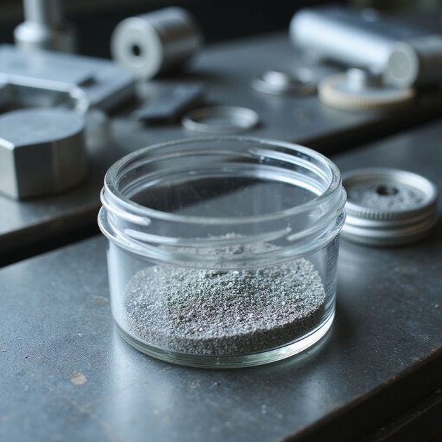 Small glass jar filled with gray powder on a metal surface, surrounded by metal components.