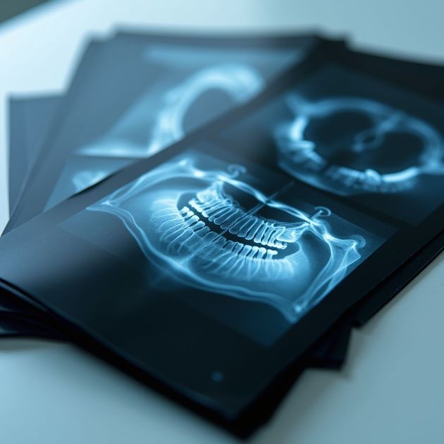 Dental X-ray scans showing the structure of teeth and jawbones, displayed in blue and white.