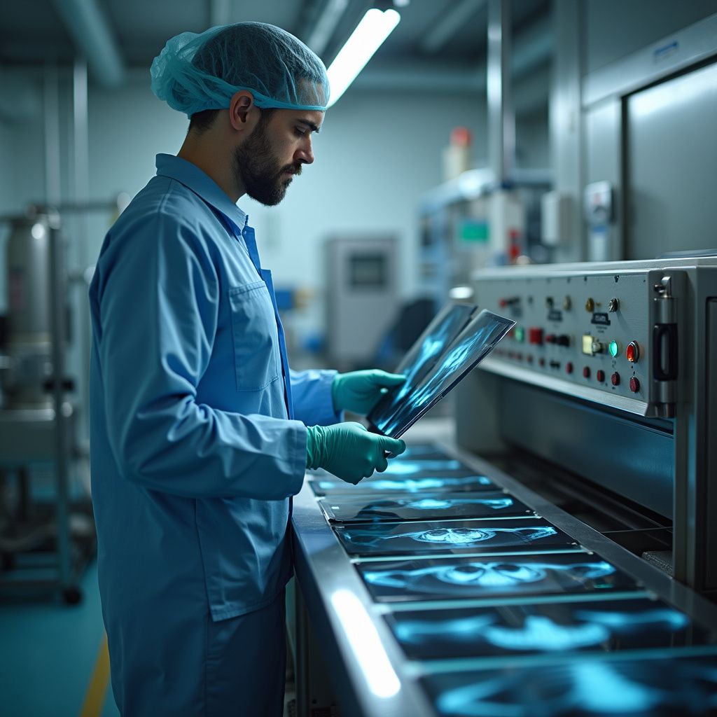 Man in blue scrubs examines X-ray films in a medical facility, illuminated by overhead lights.