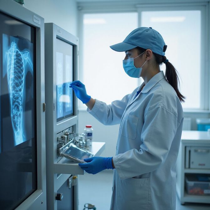 Woman in lab coat examining chest X-ray on a screen, wearing a mask, gloves, and a cap.