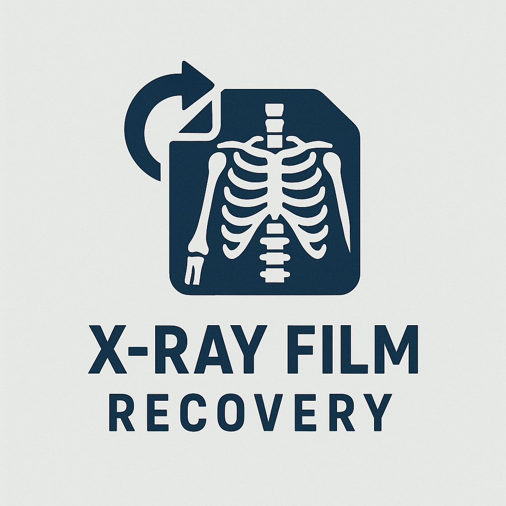 Icon of an X-ray film with skeleton, recycle arrow, and text 