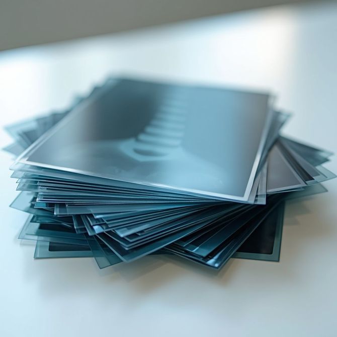 Stack of medical X-ray films on a white surface, showing skeletal structures.