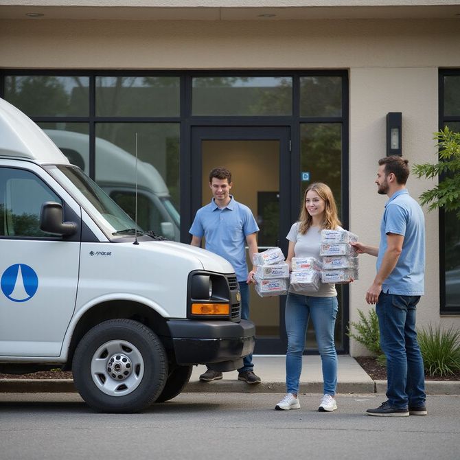 Three people unloading boxes from a white van with logo outside a building.