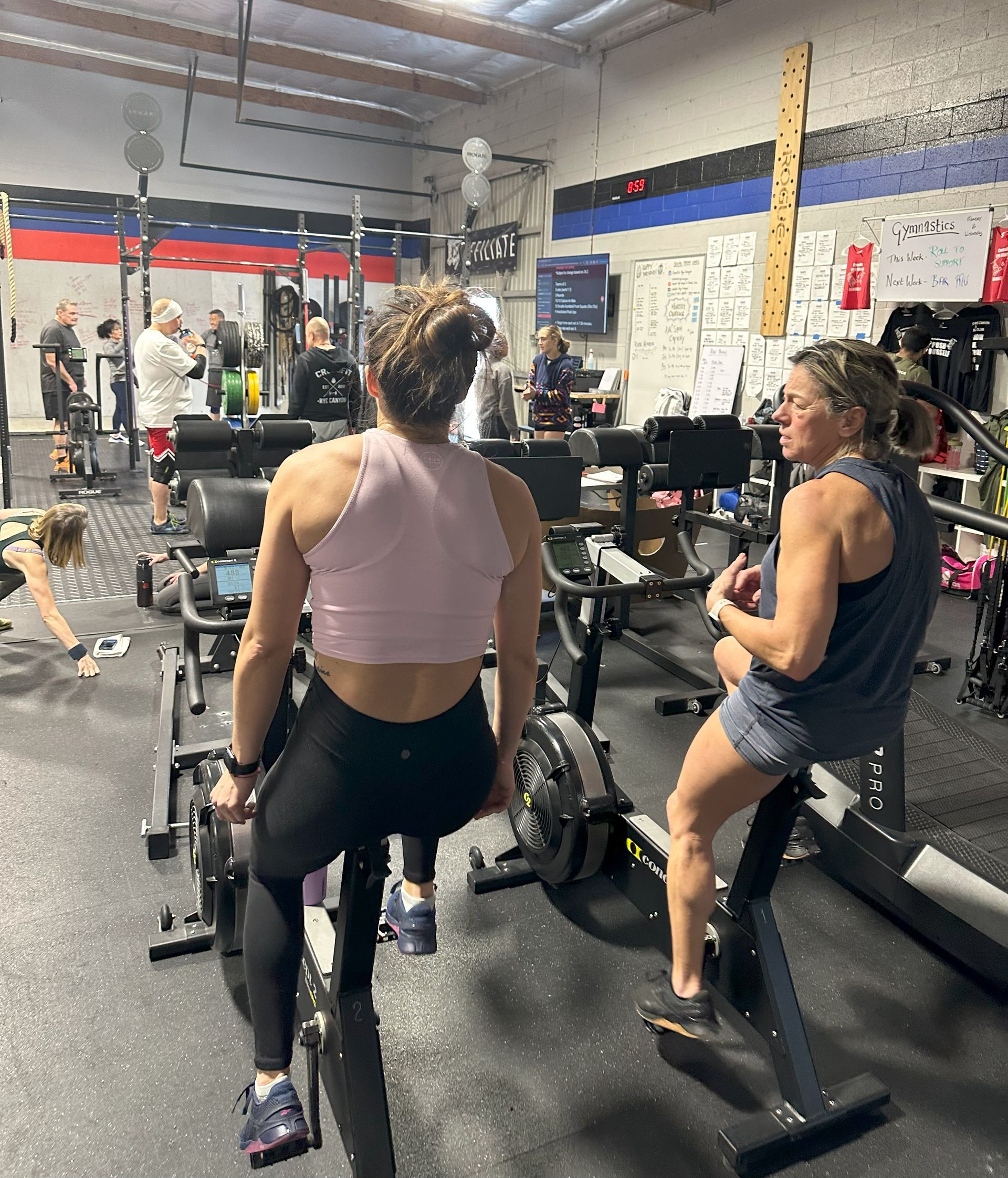 A group of people are sitting on exercise bikes in a gym.