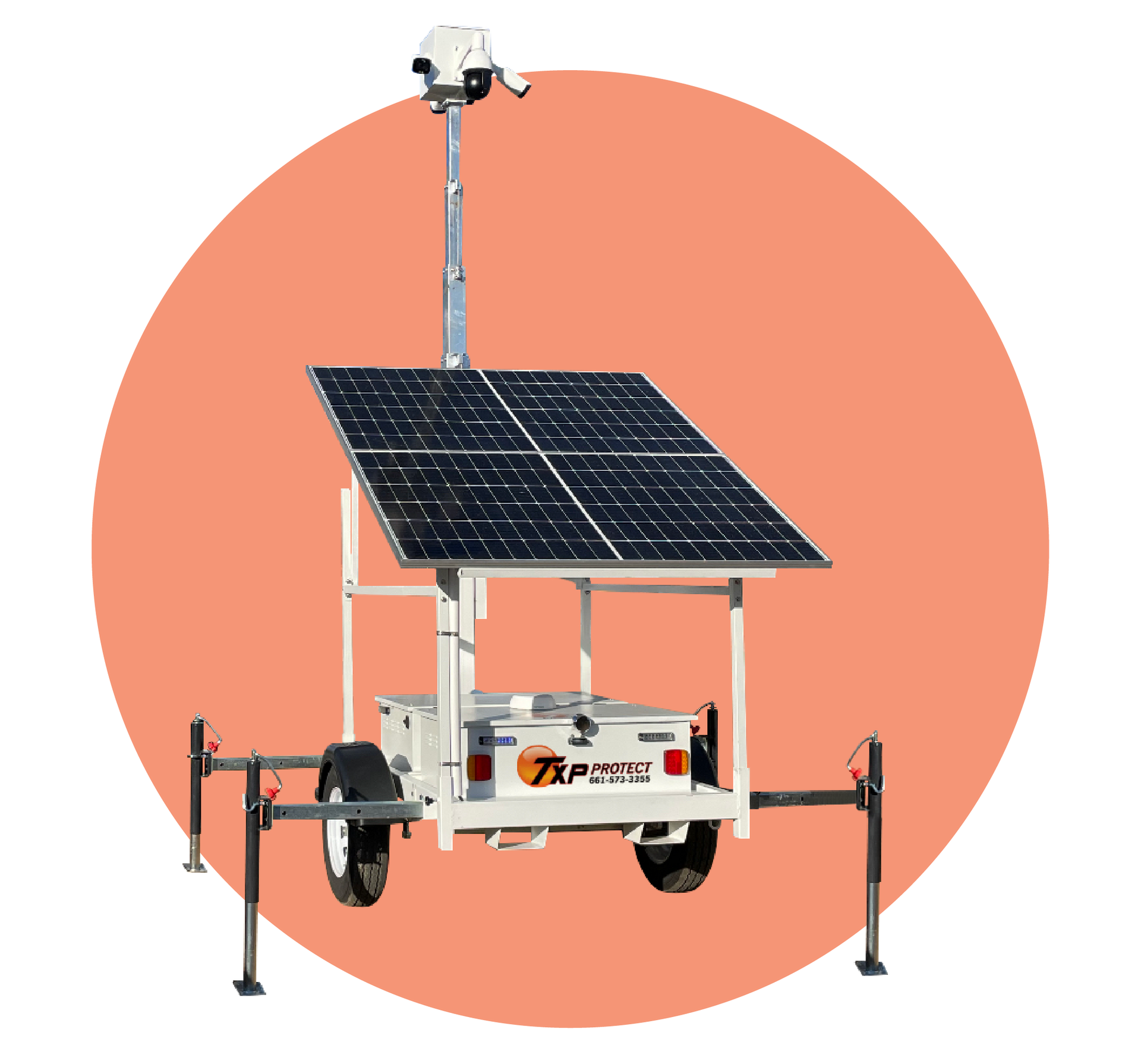 A surveillance trailer with a solar panel and a camera on top of it.