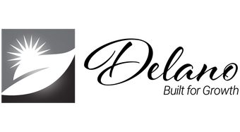 A black and white logo for the city of Delano 