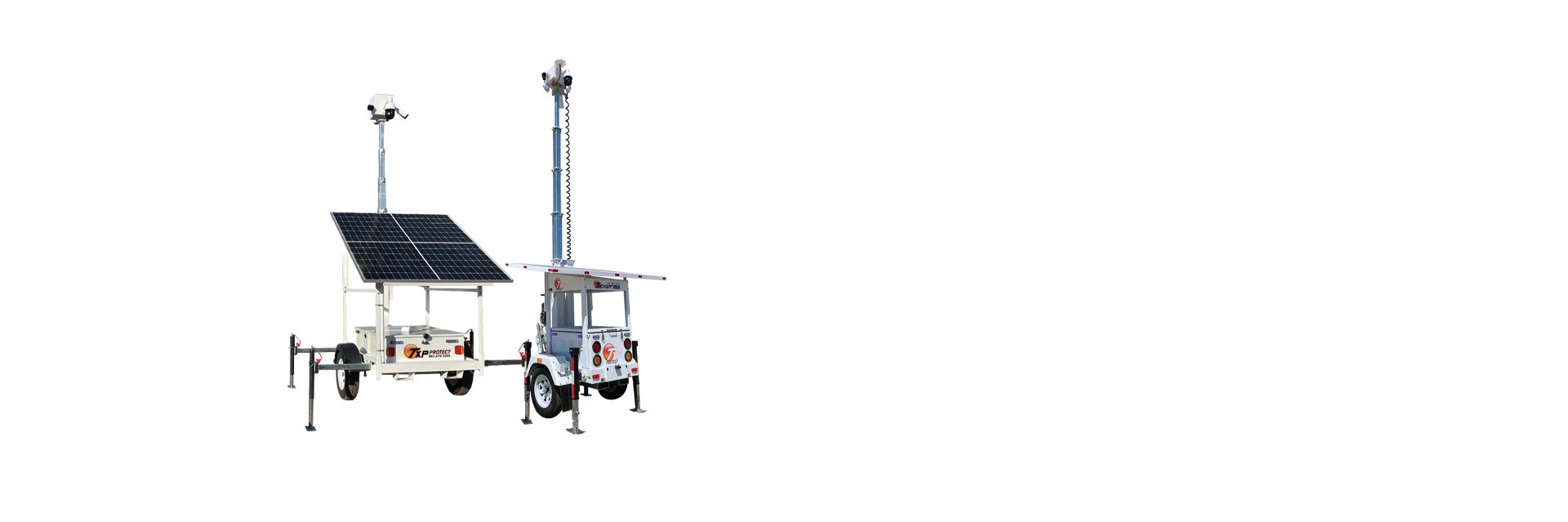 A white mobile security trailer with a solar panel on top of it.