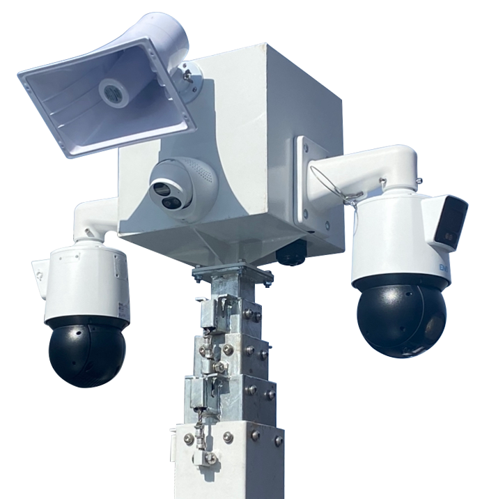 Camera tower of a Mobile Surveillance Trailer with two cameras and a speaker on it