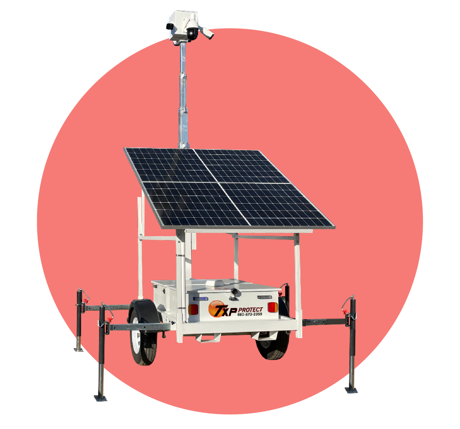 A surveillance trailer with a solar panel and a camera on top of it.
