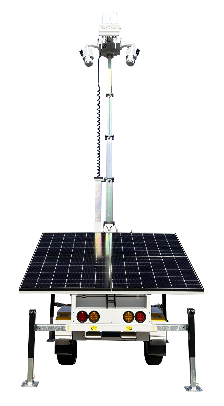 A Mobile Surveillance Trailers with a solar panel on top of it.