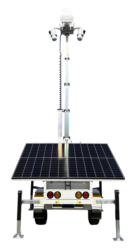 A Mobile Surveillance Trailers with a solar panel on top of it.