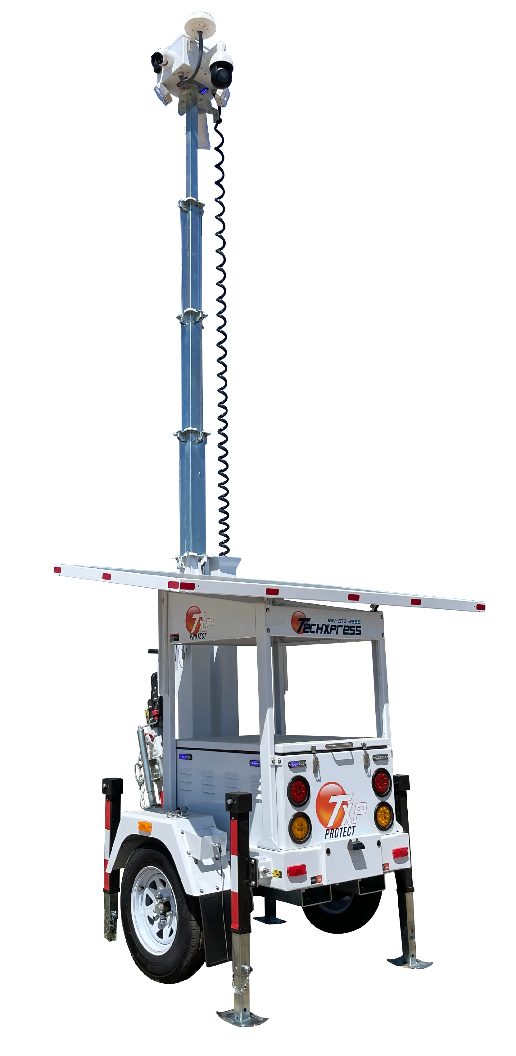 A surveillance trailer with a solar panel and a camera on top of it.