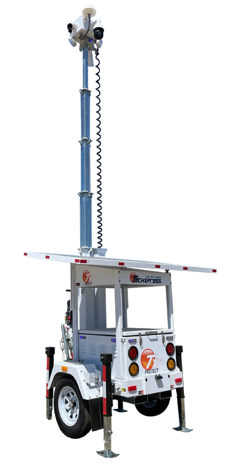 A surveillance trailer with a solar panel and a camera on top of it.