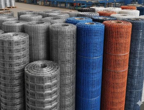 Rollos de malla metálica de varios colores, apilados en un almacén.