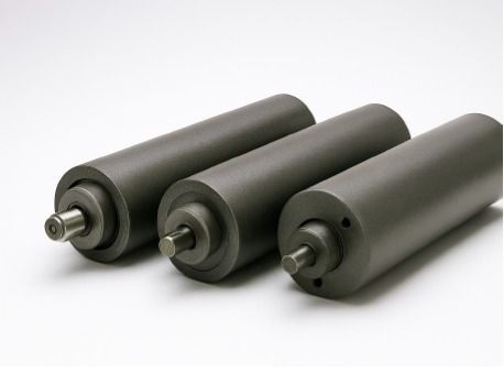Tres rodillos industriales cilíndricos con ejes, grises sobre fondo blanco.