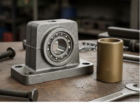 Conjunto de cojinete con casquillo de bronce y herramientas sobre un banco de trabajo.