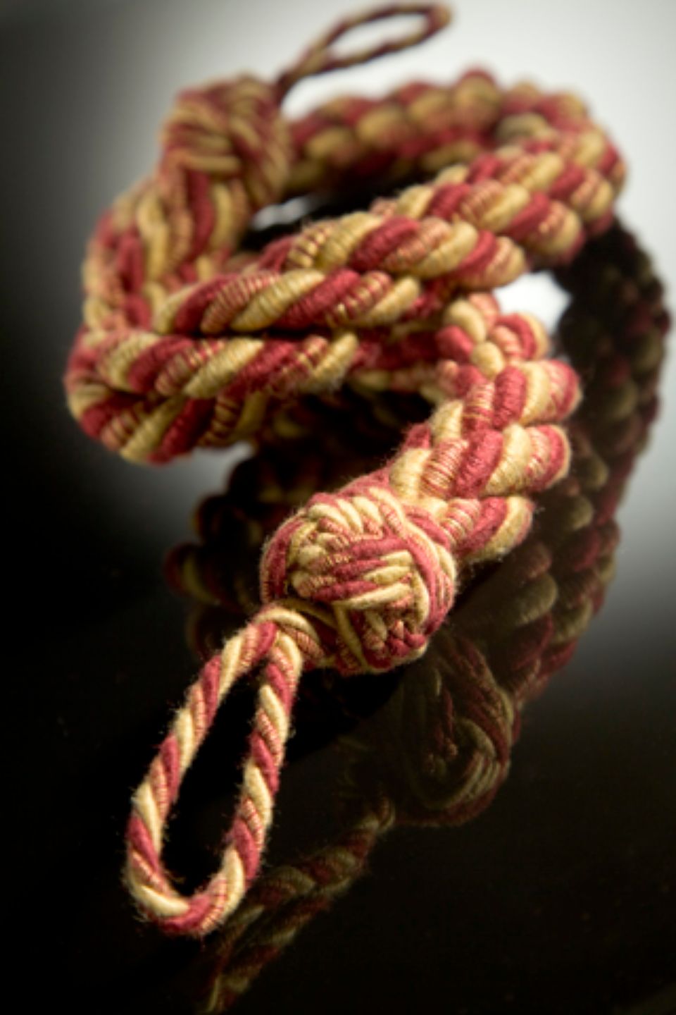 Corda intrecciata rossa e oro con anelli, superficie riflettente.