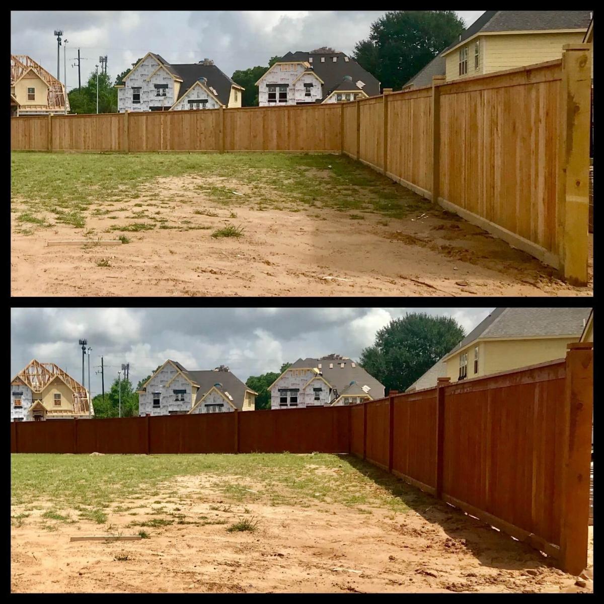 Before and After Picture of Perimeter Fence Staining — Pearland, TX — Fence Keeper