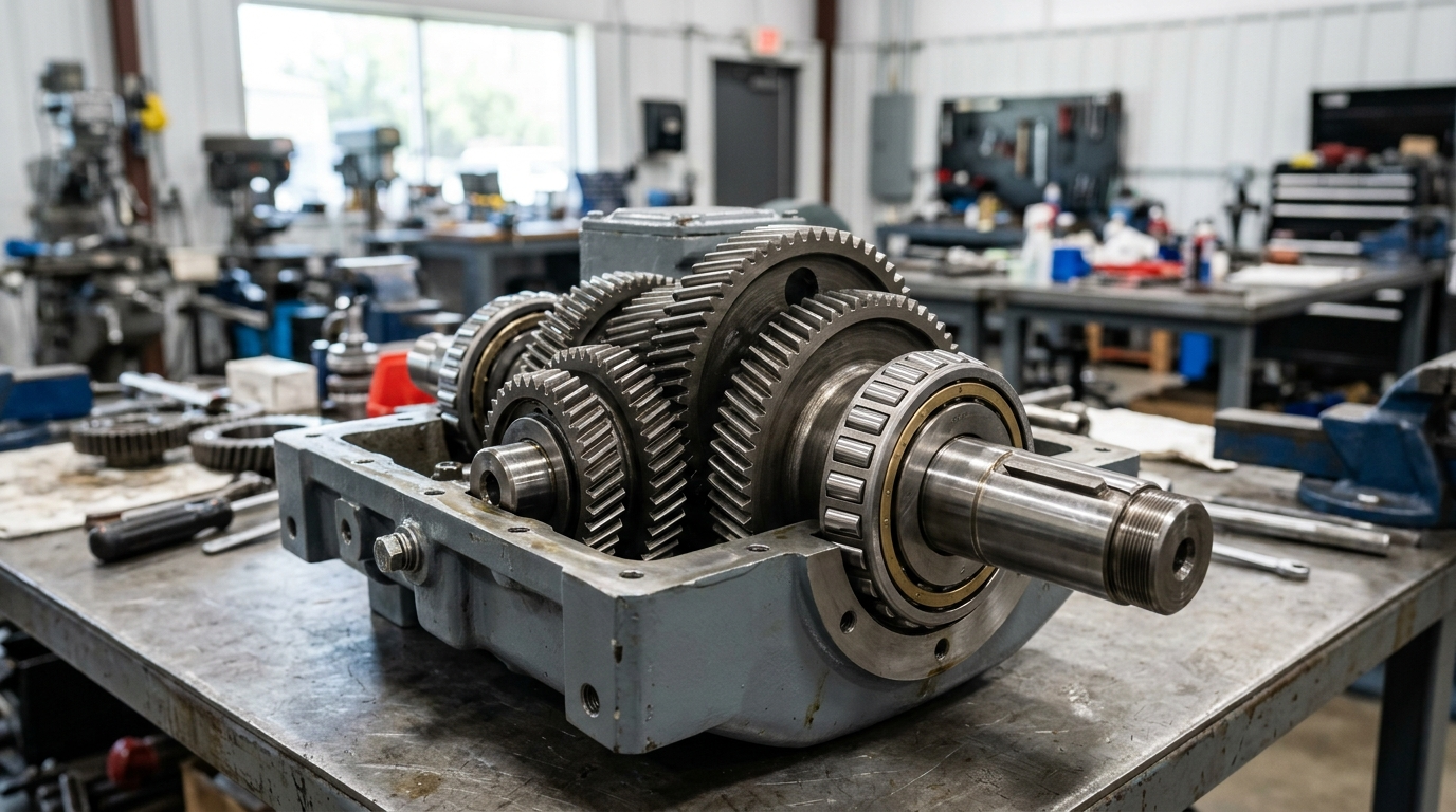 An exposed metal gearbox sits on a workshop workbench, surrounded by machinery and tools.
