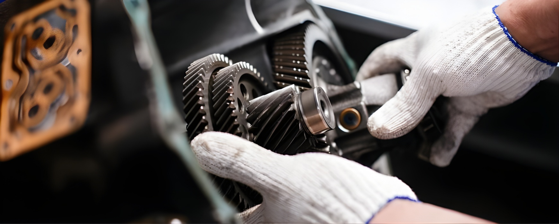 Hands in white work gloves assembling or repairing metal transmission gears.