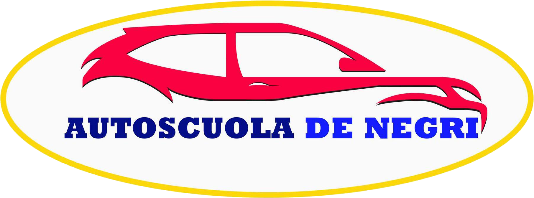 Il contorno rosso di un'auto all'interno di un ovale giallo con la scritta blu 