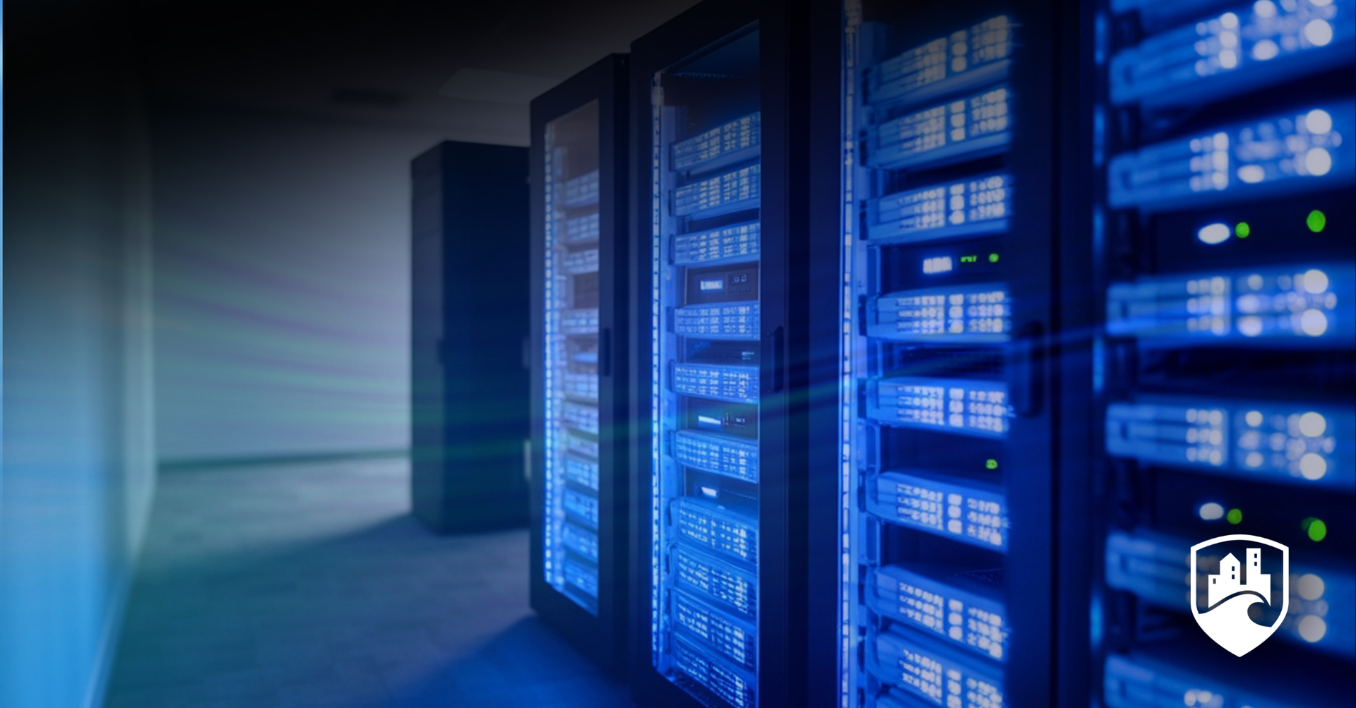 Inside a data center with rows of blue servers